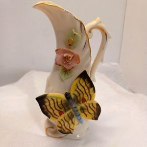 VTGE UCAGCO Ceramic Pitcher Vase w/Handle Butterfly White w/Gold Trim Japan